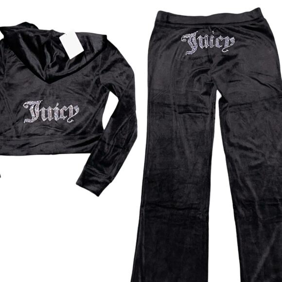 JUICY COUTURE BLACK LIQUORICE OG BLING RHINESTONE VELOUR TRACKSUIT SWEATSUIT NWT - Picture 2 of 11